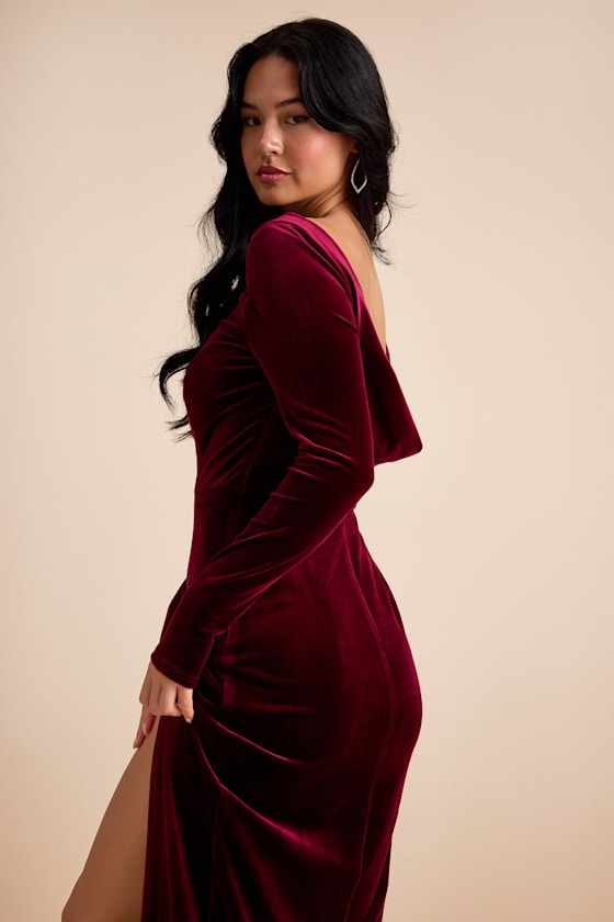 Duarte Burgundy Velvet Cowl Back Long Sleeve Maxi Dress
