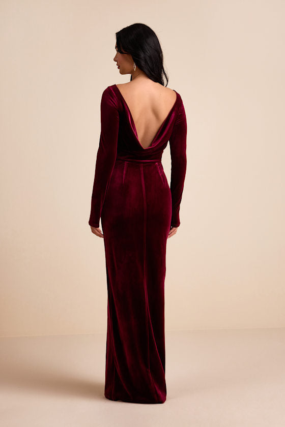 Duarte Burgundy Velvet Cowl Back Long Sleeve Maxi Dress