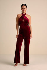 Yvania Burgundy Velvet Cross-Front Halter Jumpsuit