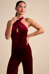 Yvania Burgundy Velvet Cross-Front Halter Jumpsuit