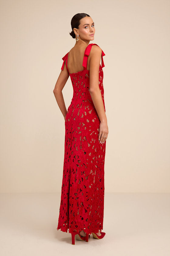 Ramsey Red Embroidered Tie-Strap Maxi Dress