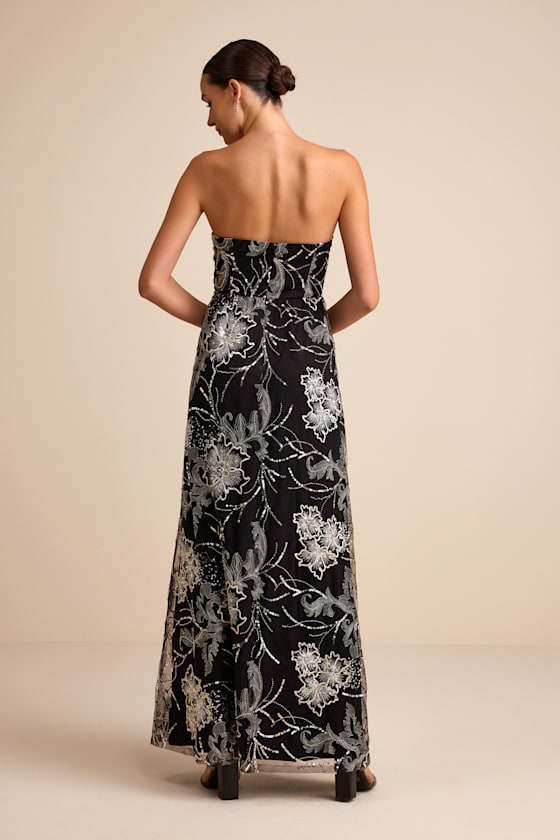 Tisdale Black and Silver Embroidered Strapless Maxi Dress