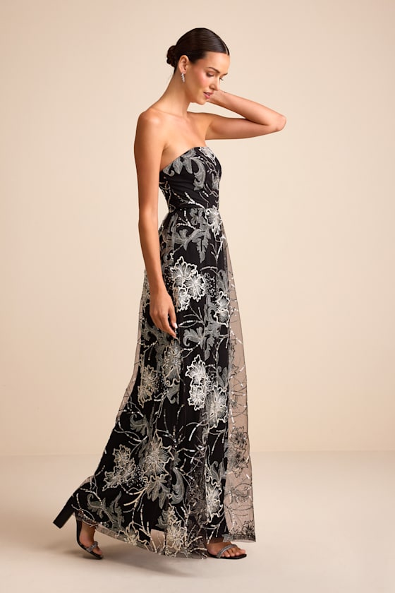 Tisdale Black and Silver Embroidered Strapless Maxi Dress