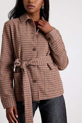 Kimley Beige Multi Plaid Belted Collared Jacket