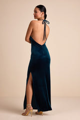Emelina Dark Teal Velvet Halter Maxi Dress