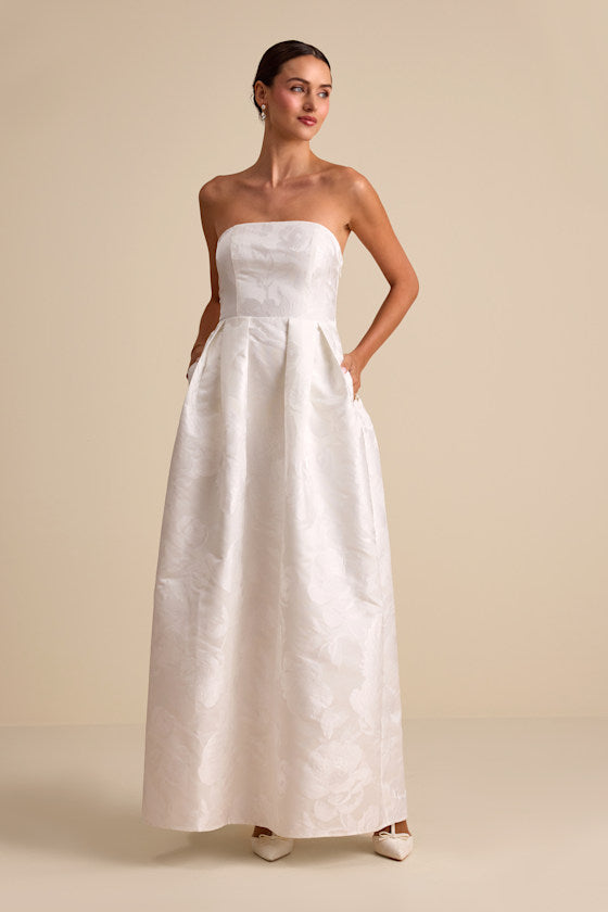 Laurelin White Jacquard Pleated Strapless Maxi Dress