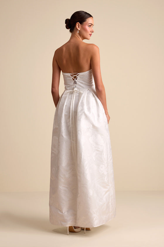 Laurelin White Jacquard Pleated Strapless Maxi Dress