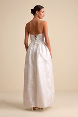Laurelin White Jacquard Pleated Strapless Maxi Dress