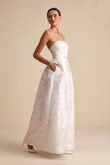 Laurelin White Jacquard Pleated Strapless Maxi Dress