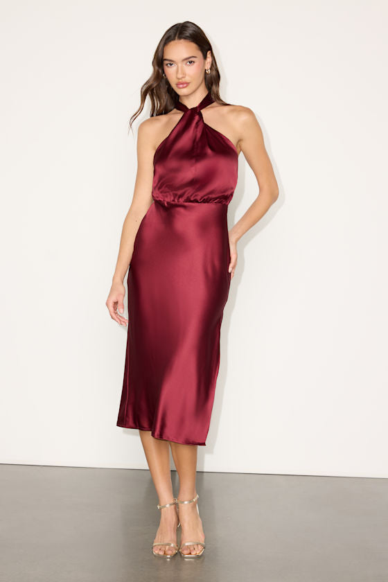 Jacey Burgundy Satin Halter Midi Dress