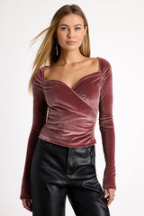 Tati Dark Mauve Velvet Surplice Long Sleeve Top
