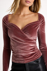 Tati Dark Mauve Velvet Surplice Long Sleeve Top