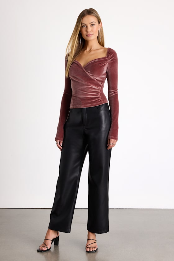 Tati Dark Mauve Velvet Surplice Long Sleeve Top