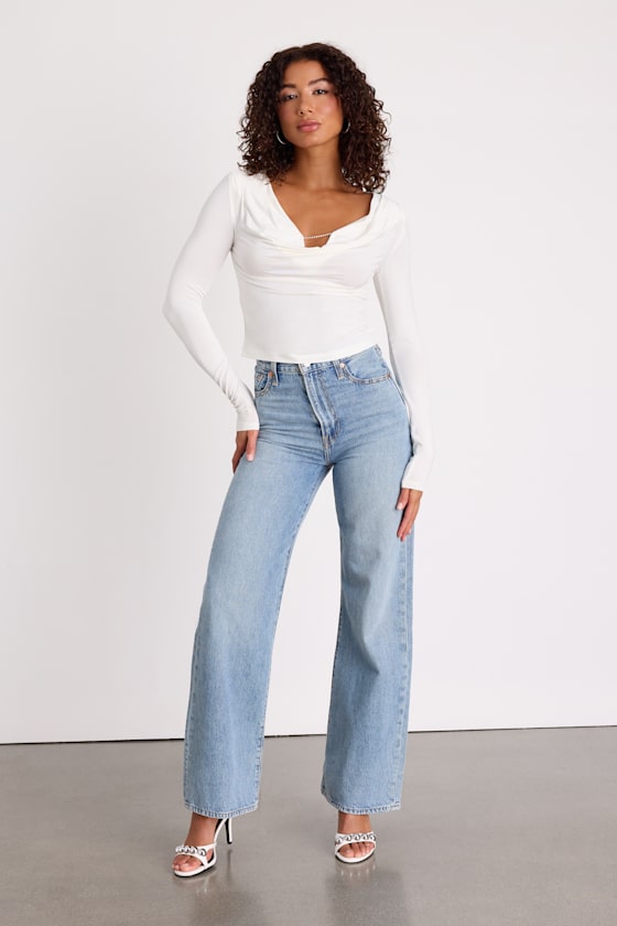 Zeffie White Cowl Neck Rhinestone Long Sleeve Top