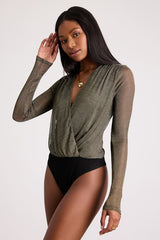 Kenni Dark Bronze Lurex Sheer Surplice Bodysuit