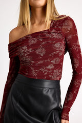 Melonie Dark Red Floral Mesh Asymmetrical Top