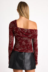 Melonie Dark Red Floral Mesh Asymmetrical Top