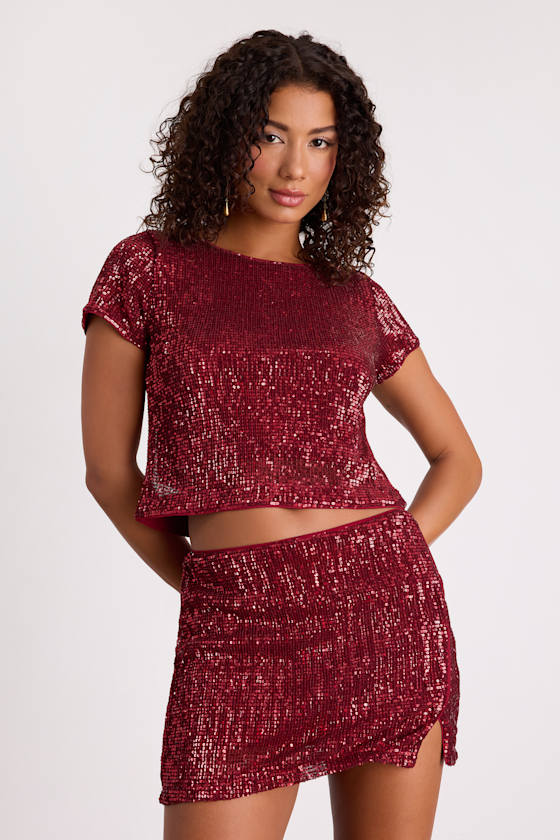 Isotta Burgundy Sequin Low-Rise Mini Skirt