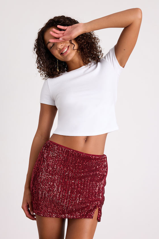 Isotta Burgundy Sequin Low-Rise Mini Skirt