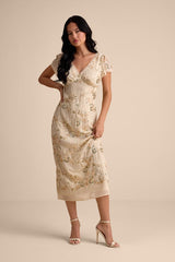 Angelila Beige Sequin Beaded Short Sleeve Midi Dress