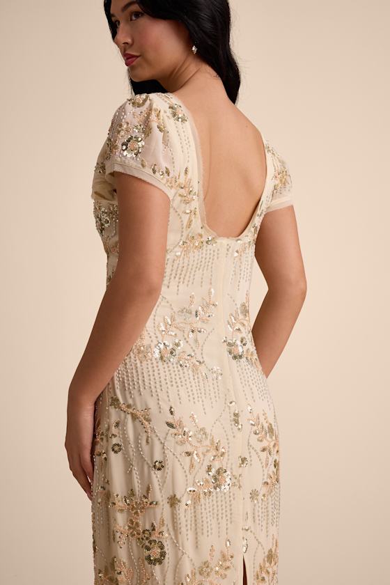Angelila Beige Sequin Beaded Short Sleeve Midi Dress