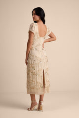 Angelila Beige Sequin Beaded Short Sleeve Midi Dress