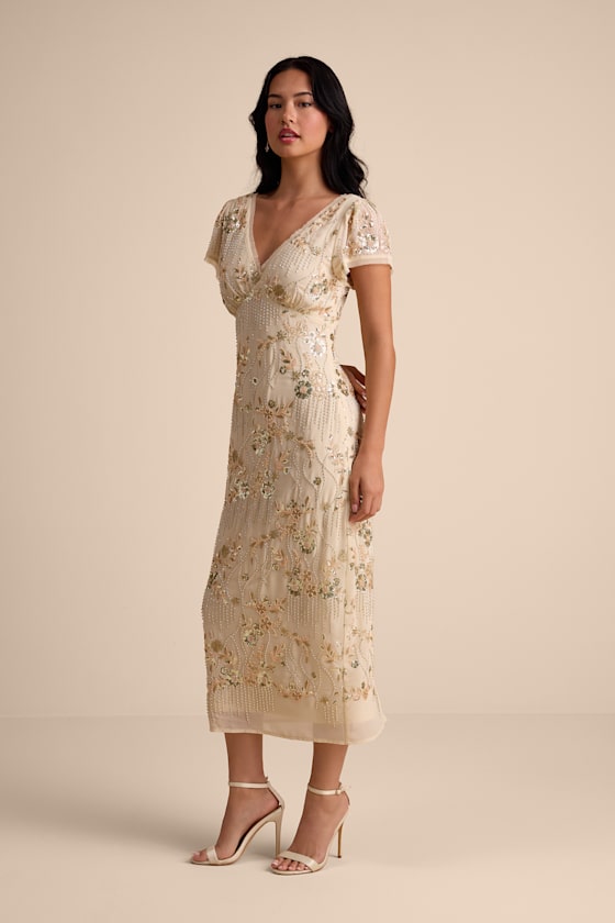 Angelila Beige Sequin Beaded Short Sleeve Midi Dress