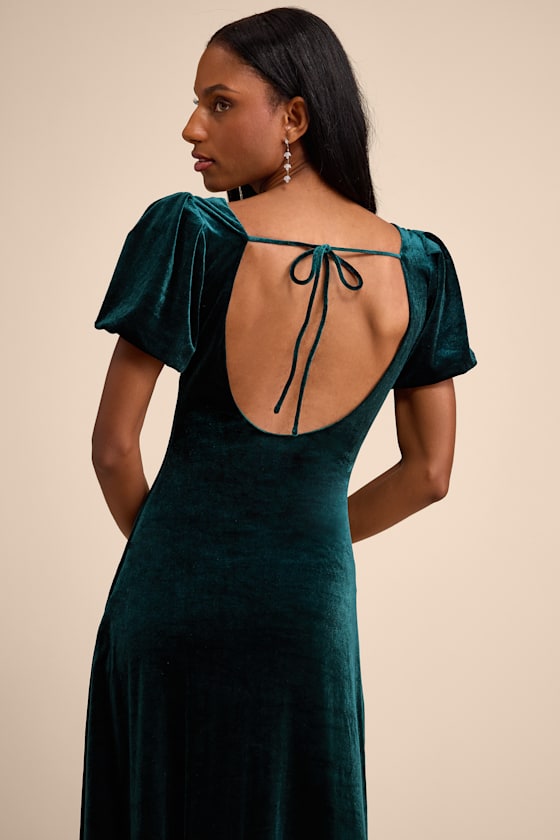 Obrissa Emerald Velvet Puff Sleeve Tie-Back Midi Dress