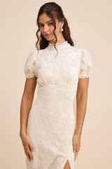 Cadison Cream Textured Puff Sleeve Column Maxi Dress