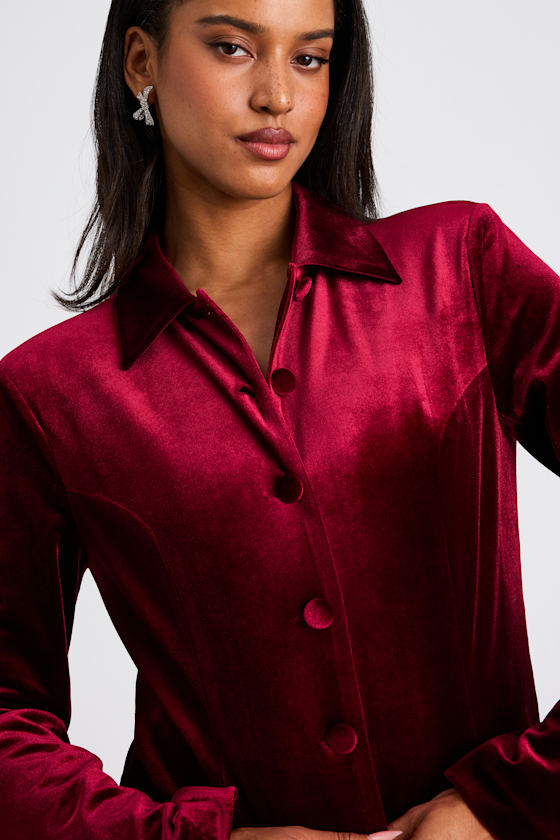 Bettany Dark Red Velvet Button-Front Collared Jacket