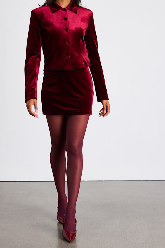 Bettany Dark Red Velvet Button-Front Collared Jacket