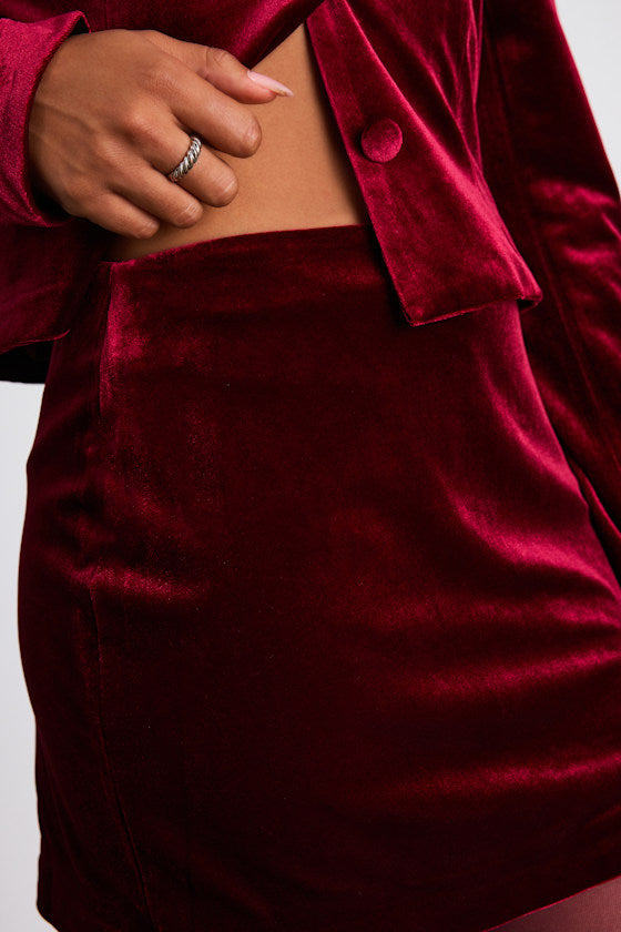Bettany Dark Red Velvet Mid-Rise Mini Skirt