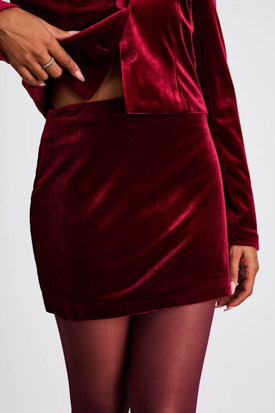 Bettany Dark Red Velvet Mid-Rise Mini Skirt