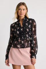 Odeliah Black Floral Crochet Lace Button-Front Long Sleeve Top