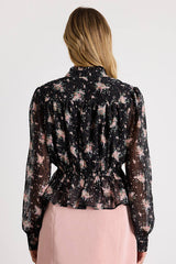 Odeliah Black Floral Crochet Lace Button-Front Long Sleeve Top