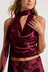 Corvina Burgundy Satin Jacquard Cowl Sash Tank Top