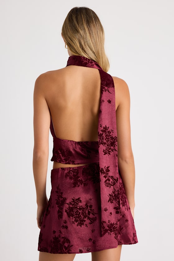 Corvina Burgundy Satin Jacquard Cowl Sash Tank Top