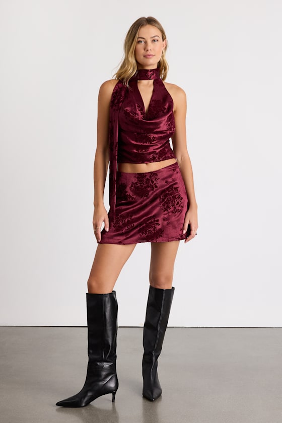 Corvina Burgundy Satin Jacquard Cowl Sash Tank Top