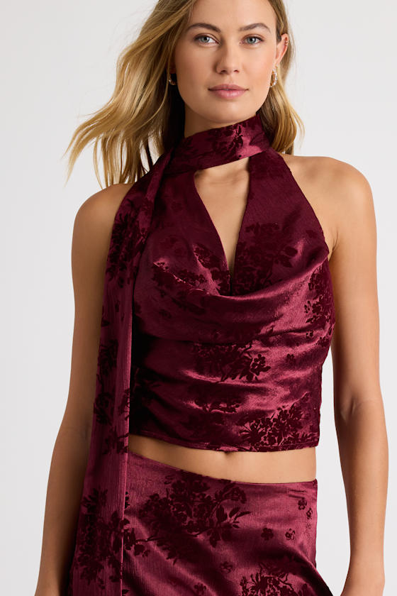 Corvina Burgundy Satin Jacquard Cowl Sash Tank Top