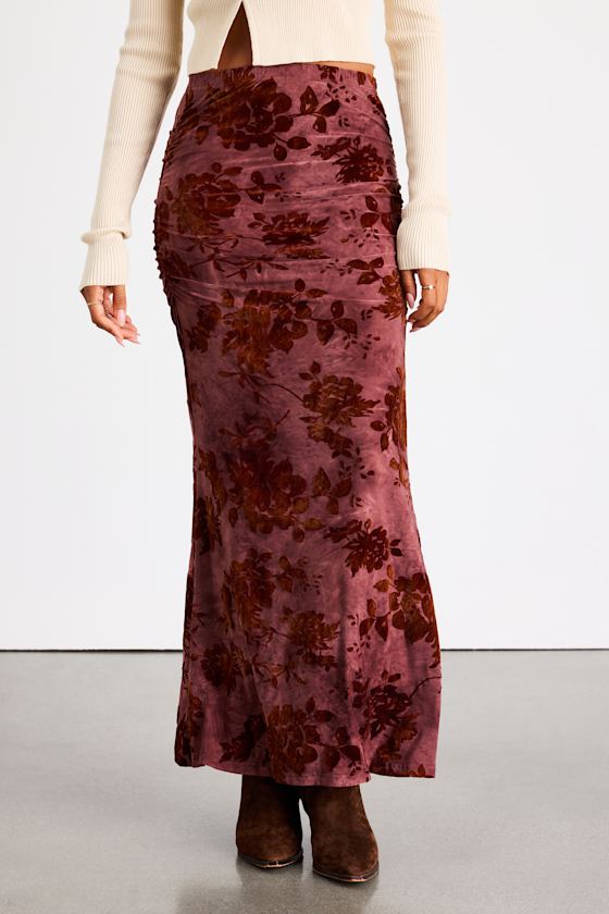Milian Burgundy Burnout Velvet Ruched Mid-Rise Maxi Skirt
