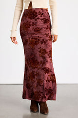 Milian Burgundy Burnout Velvet Ruched Mid-Rise Maxi Skirt