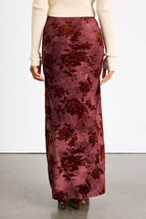 Milian Burgundy Burnout Velvet Ruched Mid-Rise Maxi Skirt