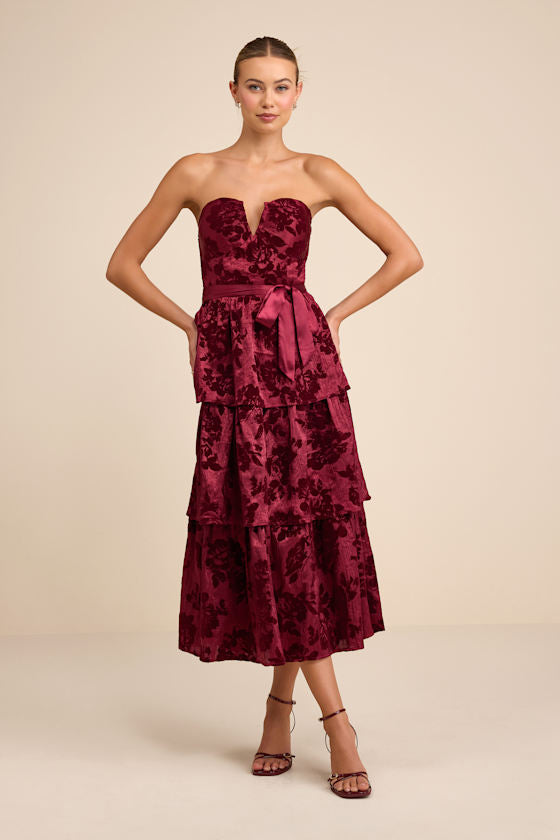 Dorina Burgundy Shadow Print Strapless Tiered Midi Dress