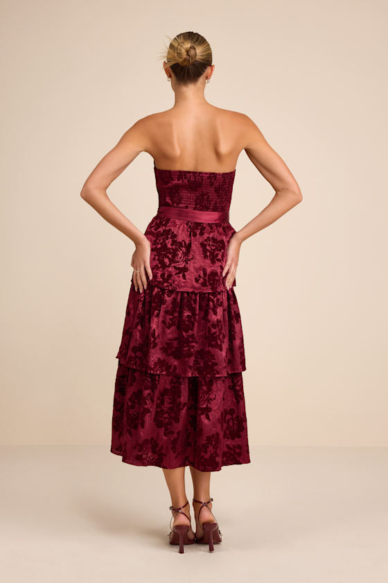 Dorina Burgundy Shadow Print Strapless Tiered Midi Dress