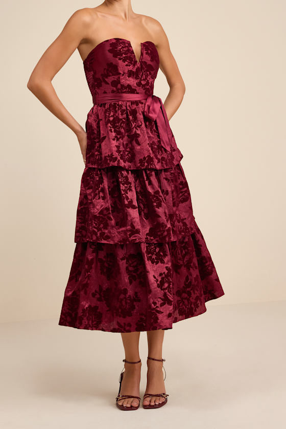 Dorina Burgundy Shadow Print Strapless Tiered Midi Dress