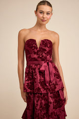 Dorina Burgundy Shadow Print Strapless Tiered Midi Dress