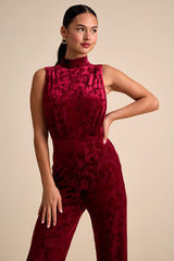Micola Red Velvet Jacquard Mock Neck Jumpsuit