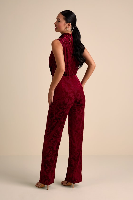 Micola Red Velvet Jacquard Mock Neck Jumpsuit