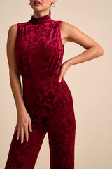 Micola Red Velvet Jacquard Mock Neck Jumpsuit