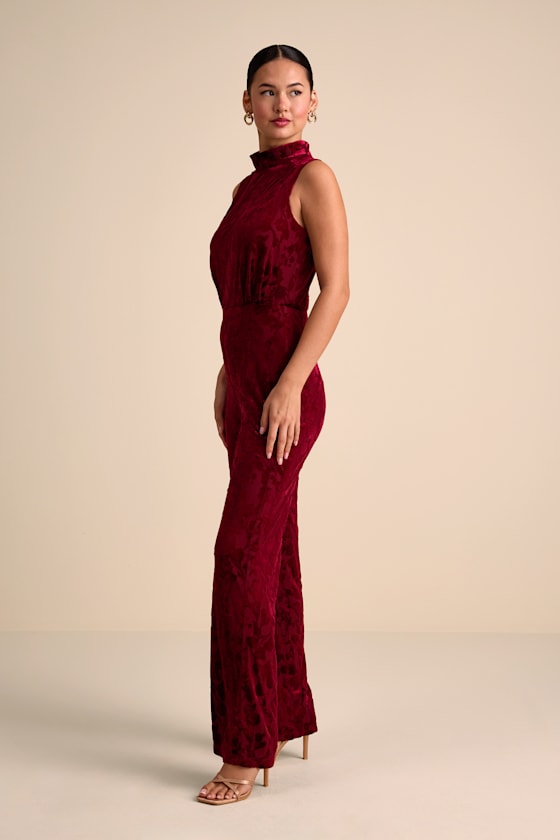 Micola Red Velvet Jacquard Mock Neck Jumpsuit